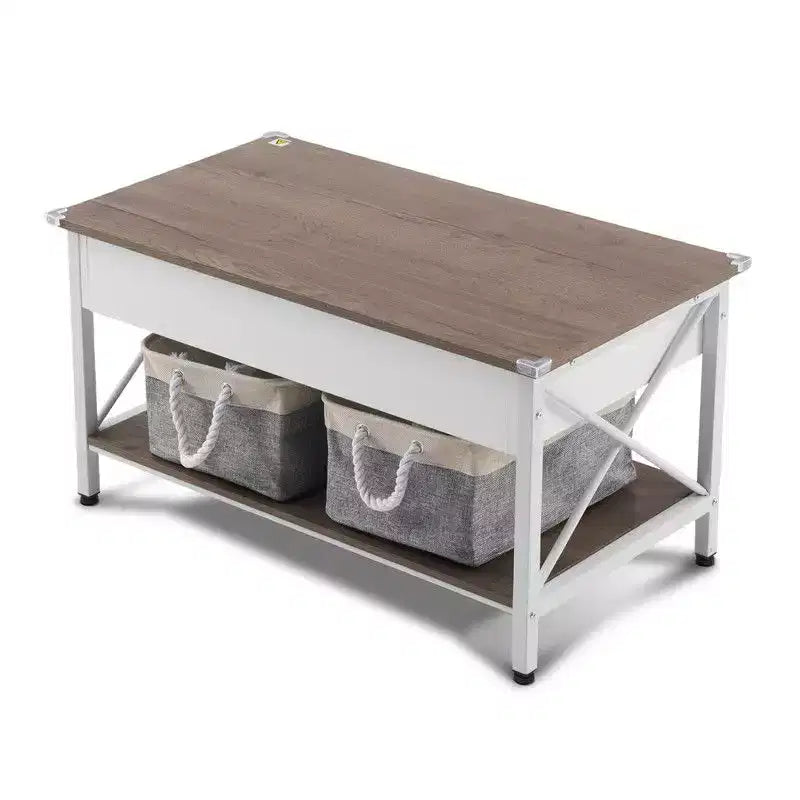 Adjustable Side X-shaped Metal Frame Rectangular P2 Board Brown Panel White Wood Grain Side Panel Coffee Table
