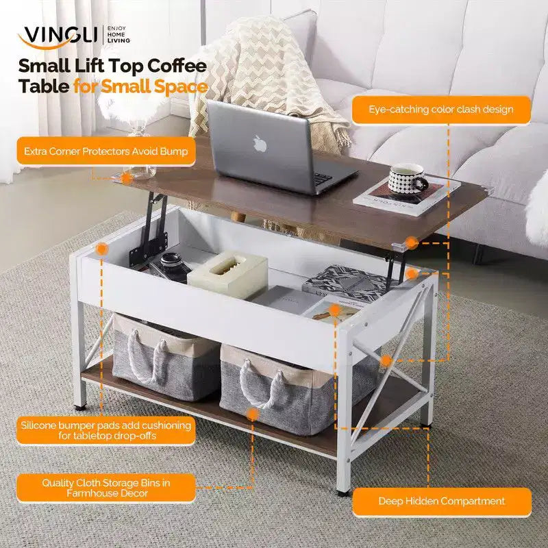 Table basse avec cadre en métal en X réglable, panneau rectangulaire marron en panneau de particules (P2) et panneau latéral imitation bois grain blanc