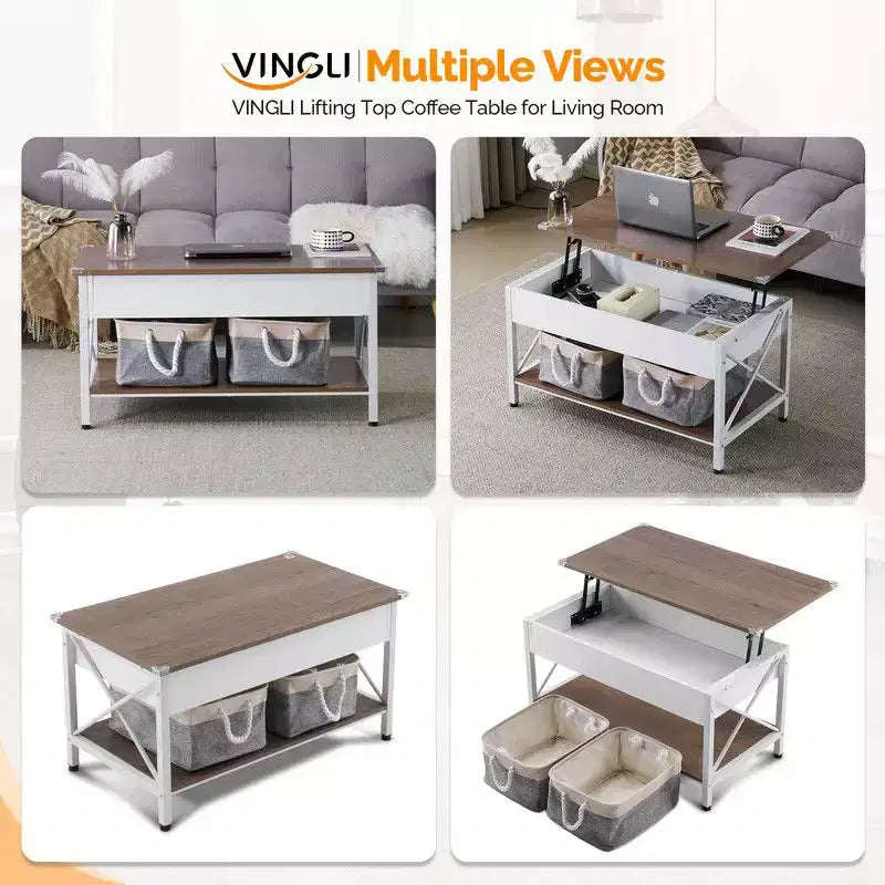 Table basse avec cadre en métal en X réglable, panneau rectangulaire marron en panneau de particules (P2) et panneau latéral imitation bois grain blanc