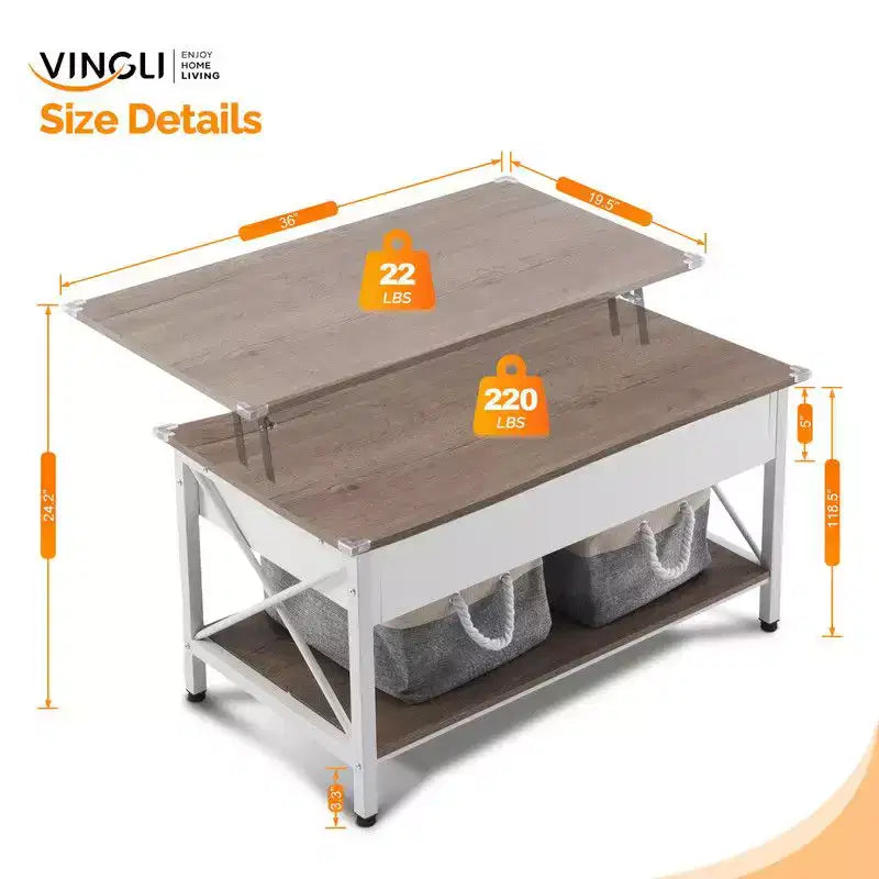 Table basse avec cadre en métal en X réglable, panneau rectangulaire marron en panneau de particules (P2) et panneau latéral imitation bois grain blanc