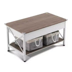 Table basse avec cadre en métal en X réglable, panneau rectangulaire marron en panneau de particules (P2) et panneau latéral imitation bois grain blanc
