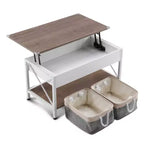 Table basse avec cadre en métal en X réglable, panneau rectangulaire marron en panneau de particules (P2) et panneau latéral imitation bois grain blanc