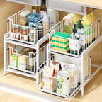 Cabinet Organizer, Pull-Out Drawer - 2-Tier Sliding Stackable Storage Shelf for Kitchen, Bathroom, White