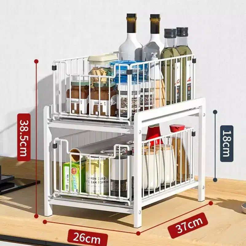 Organisateur de placard, tiroir coulissant - Étagère de rangement coulissante et empilable à 2 niveaux pour cuisine, salle de bain, blanc