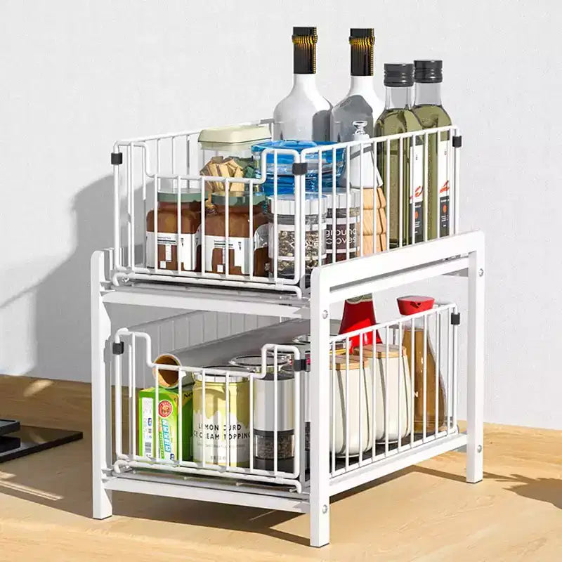 Organisateur de placard, tiroir coulissant - Étagère de rangement coulissante et empilable à 2 niveaux pour cuisine, salle de bain, blanc