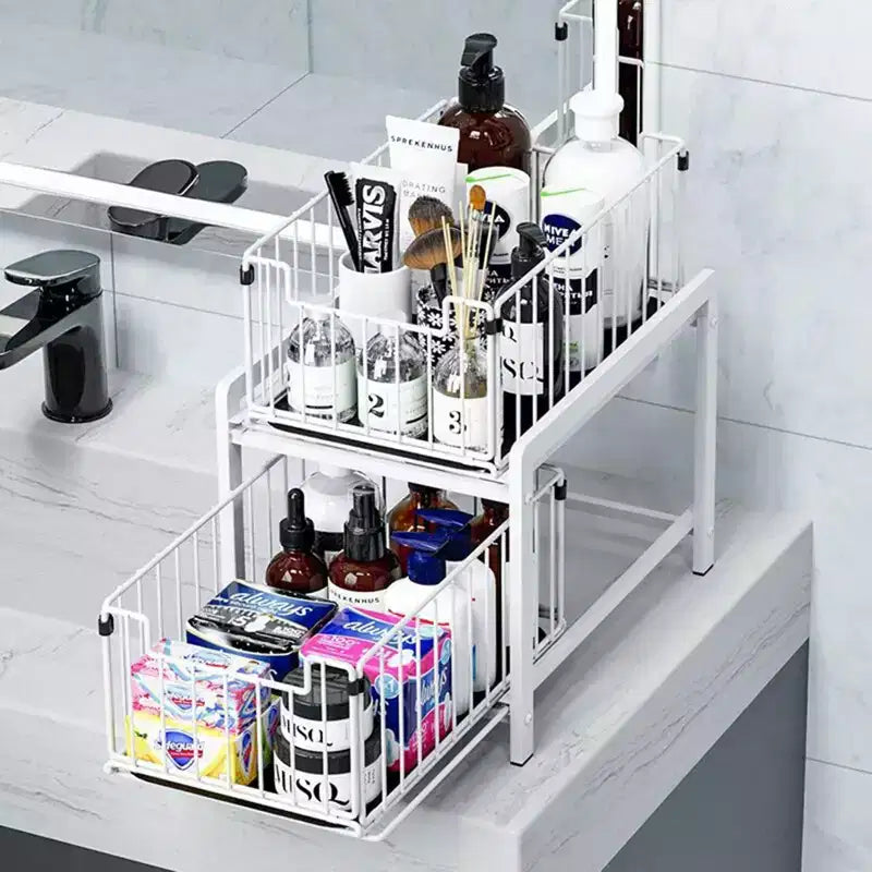 Organisateur de placard, tiroir coulissant - Étagère de rangement coulissante et empilable à 2 niveaux pour cuisine, salle de bain, blanc