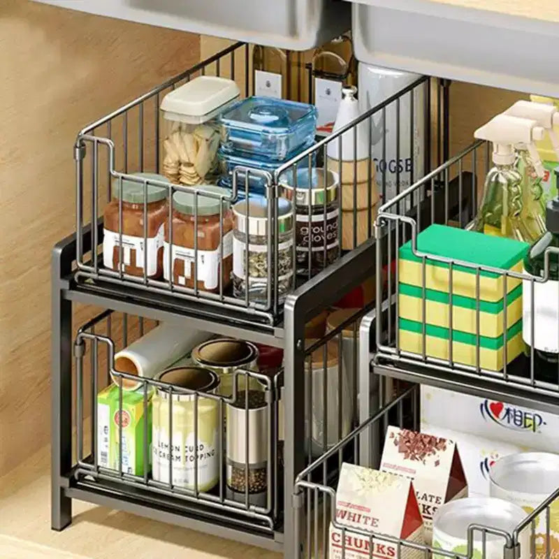 Organisateur de placard, tiroir coulissant - Étagère de rangement coulissante et empilable à 2 niveaux pour cuisine, salle de bain, blanc