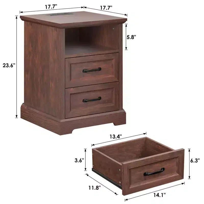 Hommpa Table de Chevet Moderne Rustique avec Station de Recharge, 2 Tiroirs et Rangement