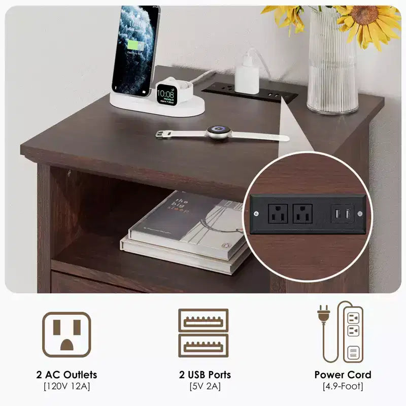 Hommpa Table de Chevet Moderne Rustique avec Station de Recharge, 2 Tiroirs et Rangement