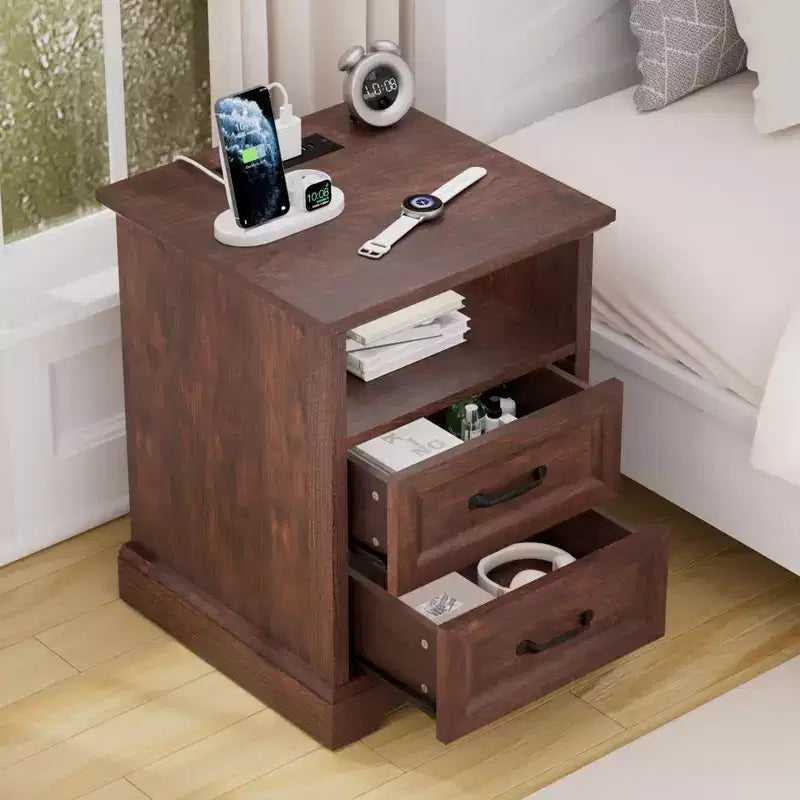 Hommpa Table de Chevet Moderne Rustique avec Station de Recharge, 2 Tiroirs et Rangement
