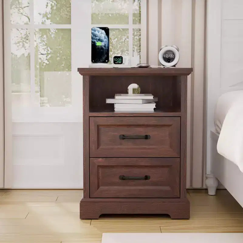 Hommpa Table de Chevet Moderne Rustique avec Station de Recharge, 2 Tiroirs et Rangement