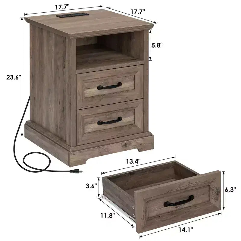 Hommpa Table de Chevet Moderne Rustique avec Station de Recharge, 2 Tiroirs et Rangement