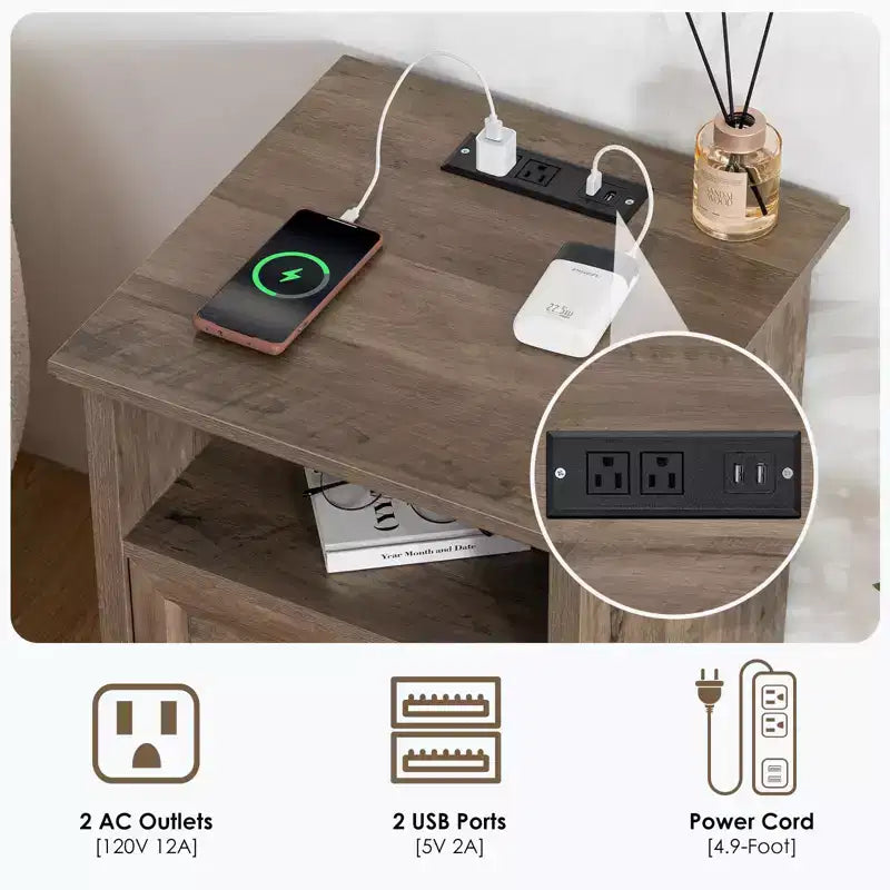 Hommpa Table de Chevet Moderne Rustique avec Station de Recharge, 2 Tiroirs et Rangement
