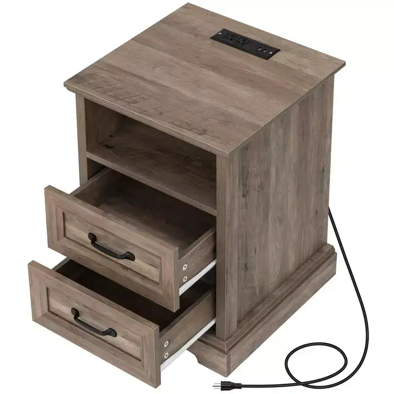 Hommpa Table de Chevet Moderne Rustique avec Station de Recharge, 2 Tiroirs et Rangement