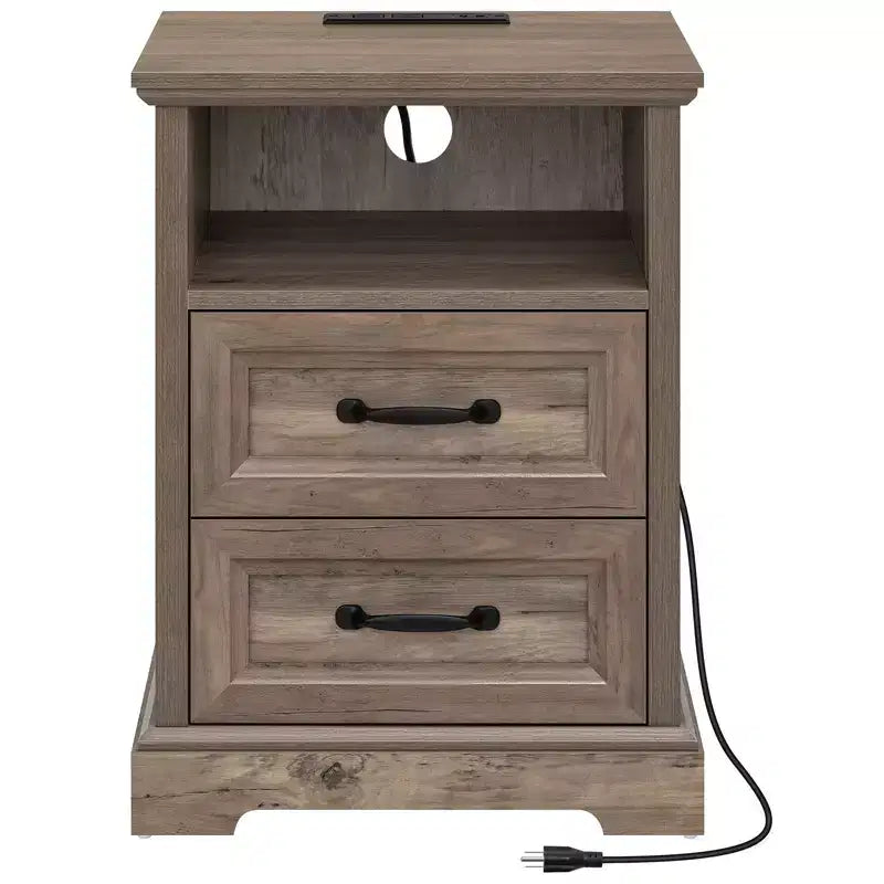 Hommpa Table de Chevet Moderne Rustique avec Station de Recharge, 2 Tiroirs et Rangement