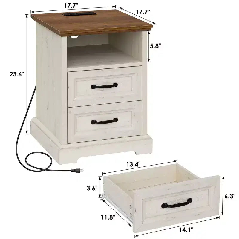 Hommpa Table de Chevet Moderne Rustique avec Station de Recharge, 2 Tiroirs et Rangement