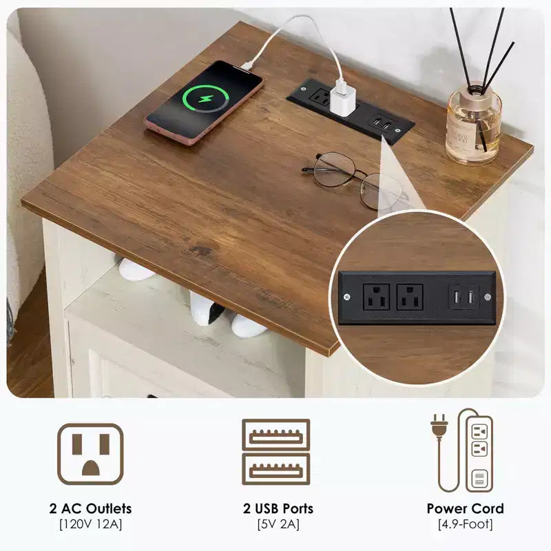 Hommpa Table de Chevet Moderne Rustique avec Station de Recharge, 2 Tiroirs et Rangement