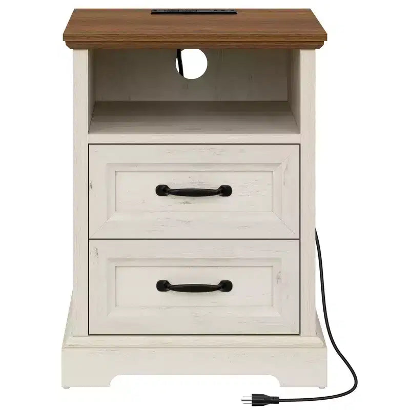 Hommpa Table de Chevet Moderne Rustique avec Station de Recharge, 2 Tiroirs et Rangement