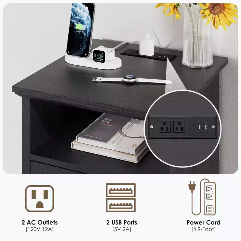 Hommpa Table de Chevet Moderne Rustique avec Station de Recharge, 2 Tiroirs et Rangement