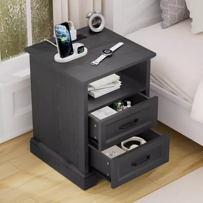 Hommpa Table de Chevet Moderne Rustique avec Station de Recharge, 2 Tiroirs et Rangement
