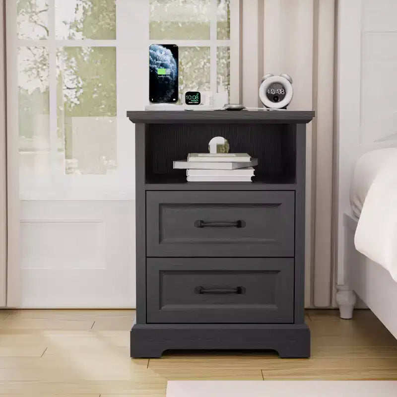 Hommpa Table de Chevet Moderne Rustique avec Station de Recharge, 2 Tiroirs et Rangement