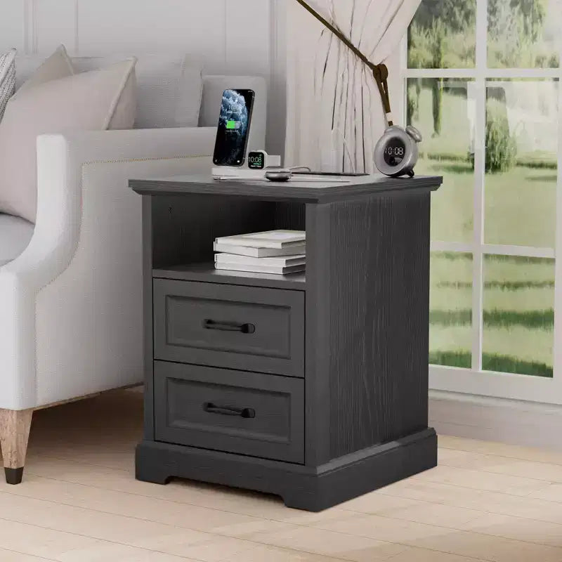 Hommpa Table de Chevet Moderne Rustique avec Station de Recharge, 2 Tiroirs et Rangement
