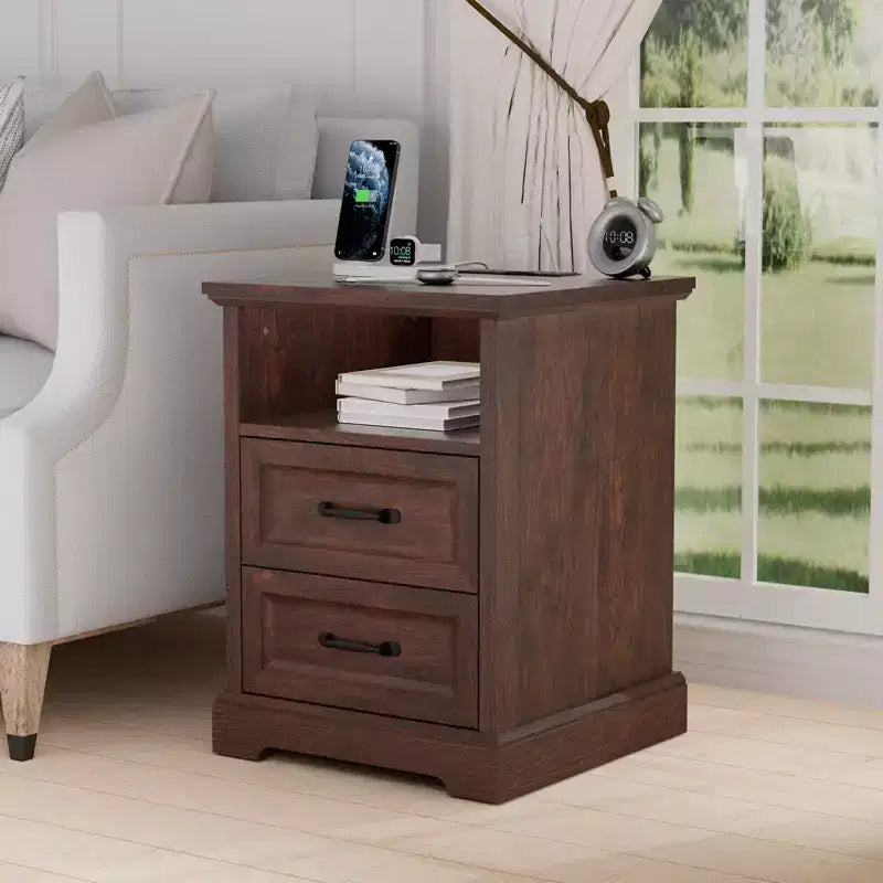 Hommpa Table de Chevet Moderne Rustique avec Station de Recharge, 2 Tiroirs et Rangement