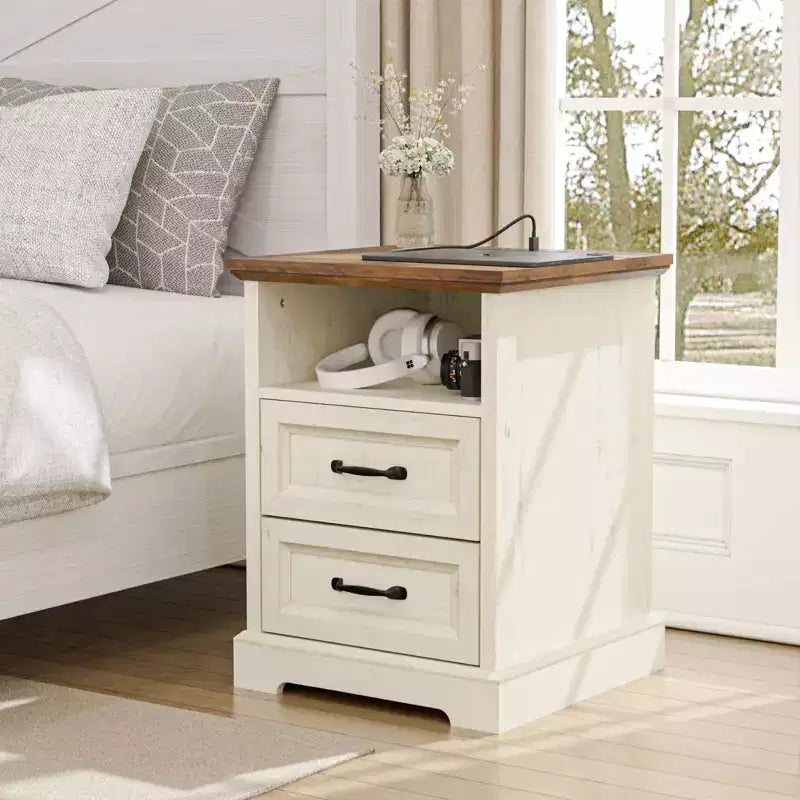 Hommpa Table de Chevet Moderne Rustique avec Station de Recharge, 2 Tiroirs et Rangement
