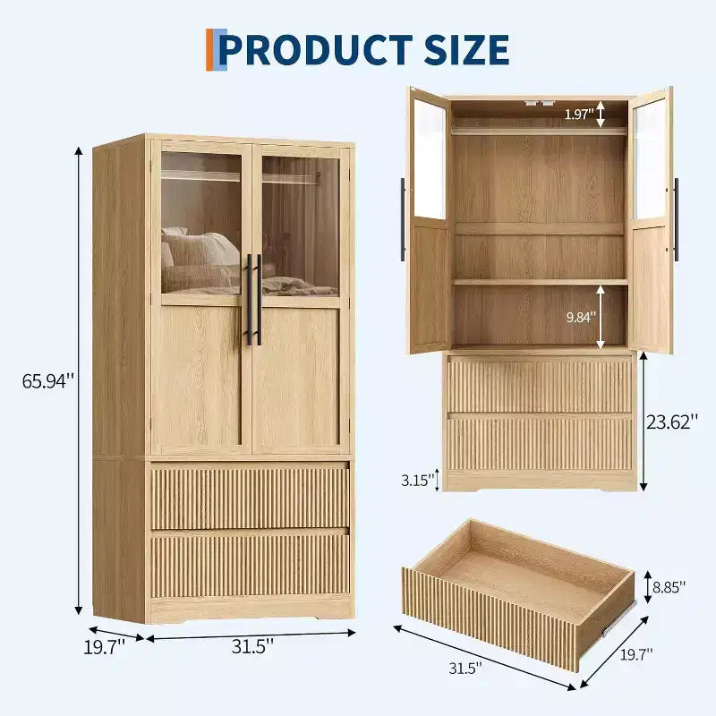 Armoire de chambre Acekool, Panneaux MDF et PB, Portes à panneaux de verre ondulé, Tringle de suspension, 2 Tiroirs, Étagères, Ton bois naturel