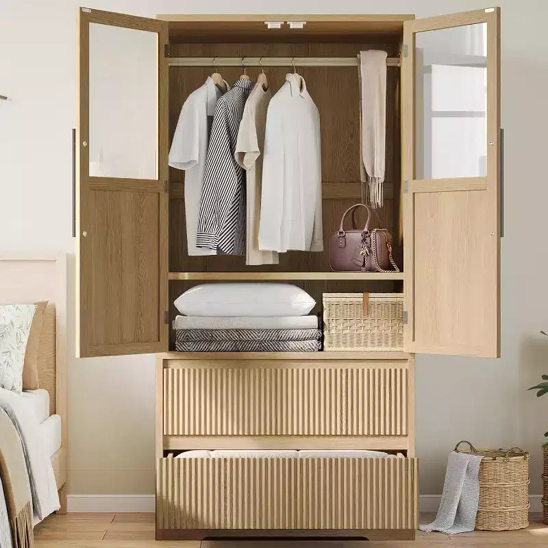 Armoire de chambre Acekool, Panneaux MDF et PB, Portes à panneaux de verre ondulé, Tringle de suspension, 2 Tiroirs, Étagères, Ton bois naturel