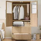 Armoire de chambre Acekool, Panneaux MDF et PB, Portes à panneaux de verre ondulé, Tringle de suspension, 2 Tiroirs, Étagères, Ton bois naturel