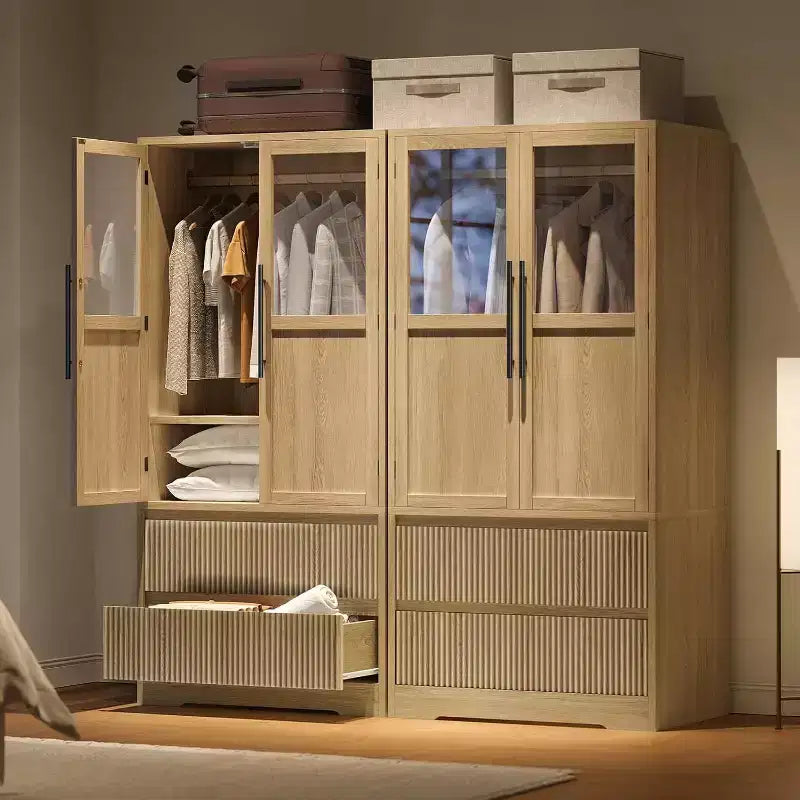Armoire de chambre Acekool, Panneaux MDF et PB, Portes à panneaux de verre ondulé, Tringle de suspension, 2 Tiroirs, Étagères, Ton bois naturel