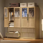 Armoire de chambre Acekool, Panneaux MDF et PB, Portes à panneaux de verre ondulé, Tringle de suspension, 2 Tiroirs, Étagères, Ton bois naturel