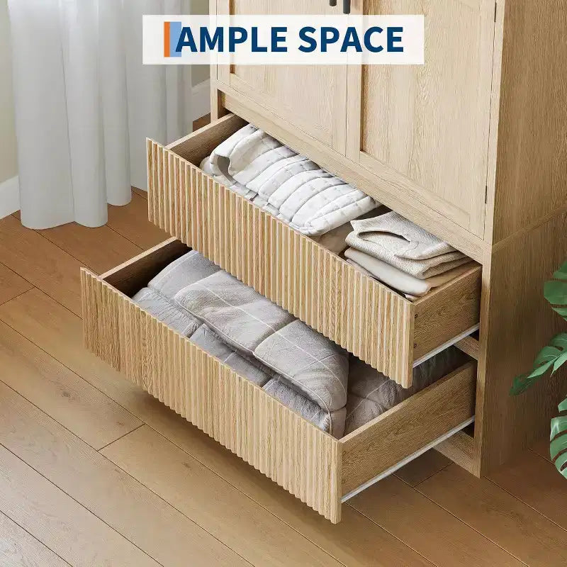 Armoire de chambre Acekool, Panneaux MDF et PB, Portes à panneaux de verre ondulé, Tringle de suspension, 2 Tiroirs, Étagères, Ton bois naturel