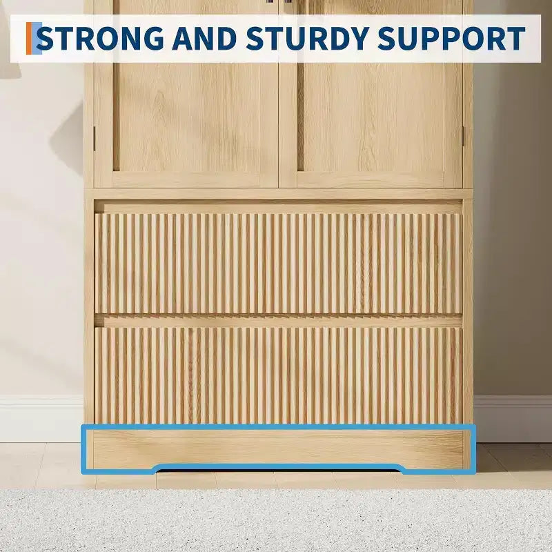 Armoire de chambre Acekool, Panneaux MDF et PB, Portes à panneaux de verre ondulé, Tringle de suspension, 2 Tiroirs, Étagères, Ton bois naturel