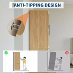 Armoire de chambre Acekool, Panneaux MDF et PB, Portes à panneaux de verre ondulé, Tringle de suspension, 2 Tiroirs, Étagères, Ton bois naturel