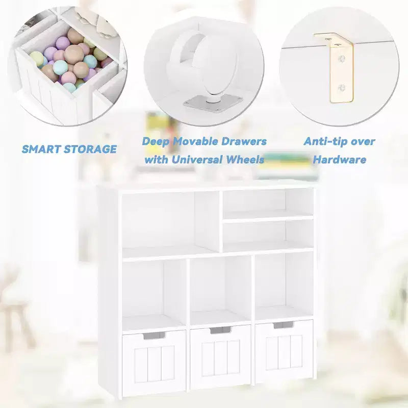 Organiseur de rangement pour jouets, bibliothèque pour enfants avec 3 tiroirs amovibles et roulettes cachées - Blanc (Chambre/Salle de jeux/Chambre de bébé)