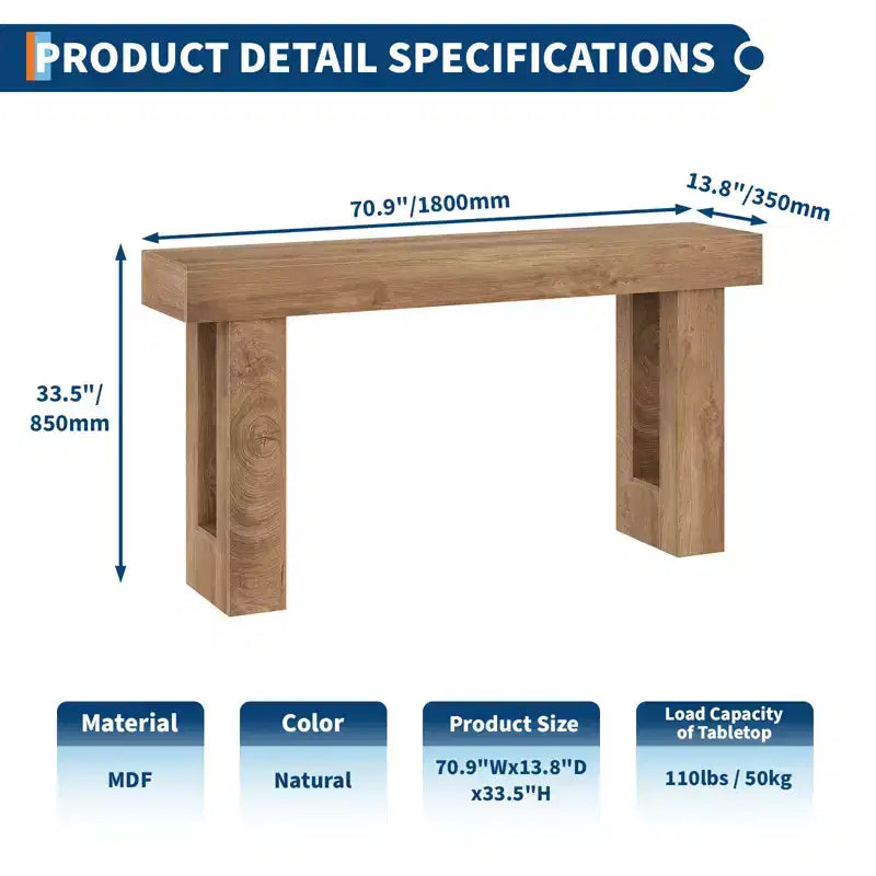 Console de 160 cm de long - Table d'appoint derrière le canapé, Table rectangulaire en bois de style ferme pour entrée, couloir, salon