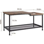 Table basse industrielle, table basse de salon rectangulaire à 2 niveaux avec étagère grillagée, cadre en métal, table basse robuste, marron rustique