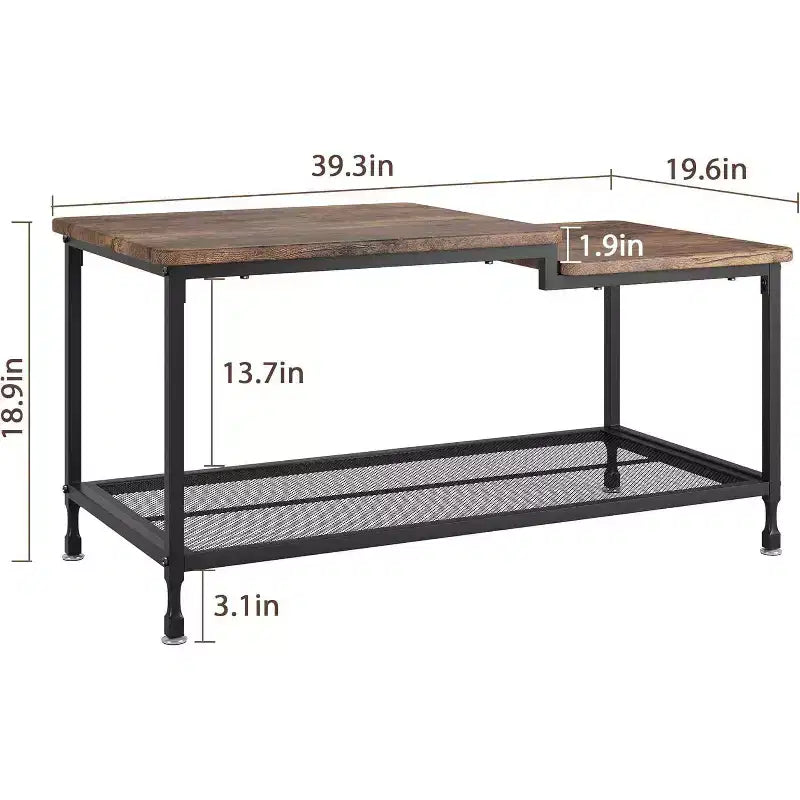 Table basse industrielle, table basse de salon rectangulaire à 2 niveaux avec étagère grillagée, cadre en métal, table basse robuste, marron rustique