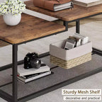 Table basse industrielle, table basse de salon rectangulaire à 2 niveaux avec étagère grillagée, cadre en métal, table basse robuste, marron rustique