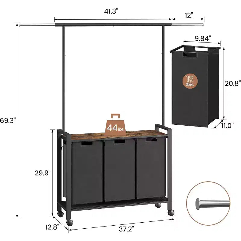 Chariot de tri de linge avec tringle de suspension et étagère de rangement, panier à linge roulant avec roues verrouillables, organisateur de panier à linge pour buanderie