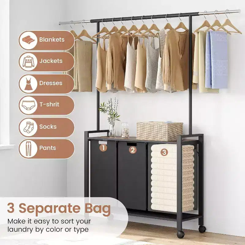 Chariot de tri de linge avec tringle de suspension et étagère de rangement, panier à linge roulant avec roues verrouillables, organisateur de panier à linge pour buanderie