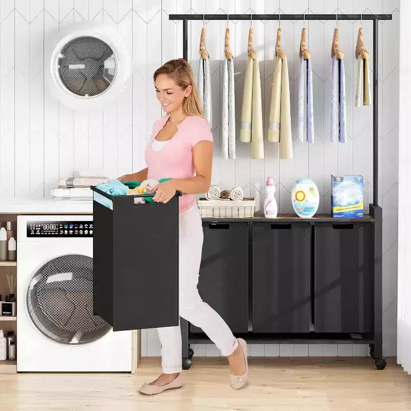 Chariot de tri de linge avec tringle de suspension et étagère de rangement, panier à linge roulant avec roues verrouillables, organisateur de panier à linge pour buanderie