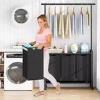 Chariot de tri de linge avec tringle de suspension et étagère de rangement, panier à linge roulant avec roues verrouillables, organisateur de panier à linge pour buanderie