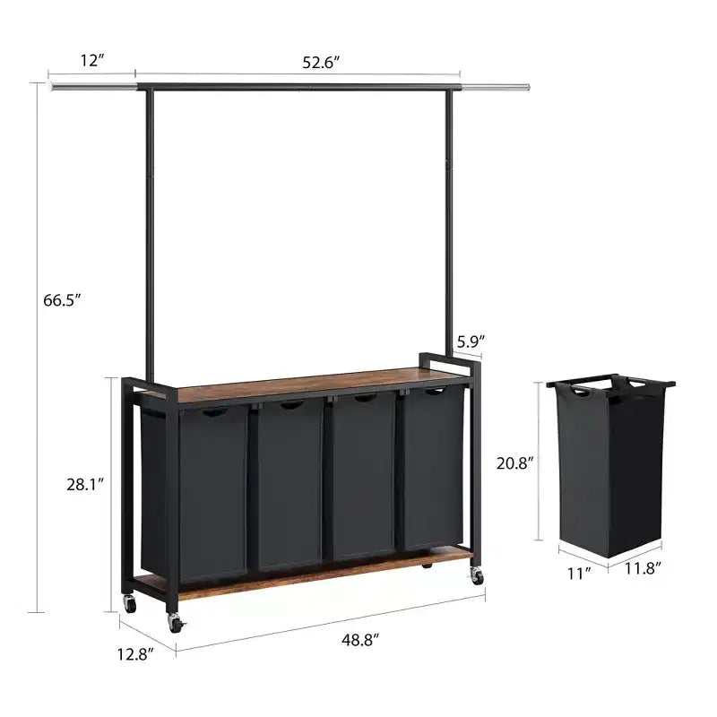 Chariot de tri de linge avec tringle de suspension et étagère de rangement, panier à linge roulant avec roues verrouillables, organisateur de panier à linge pour buanderie