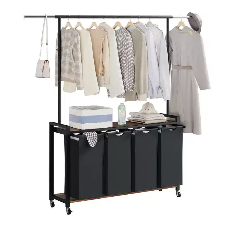 Chariot de tri de linge avec tringle de suspension et étagère de rangement, panier à linge roulant avec roues verrouillables, organisateur de panier à linge pour buanderie