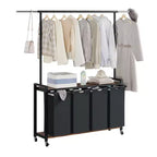 Chariot de tri de linge avec tringle de suspension et étagère de rangement, panier à linge roulant avec roues verrouillables, organisateur de panier à linge pour buanderie