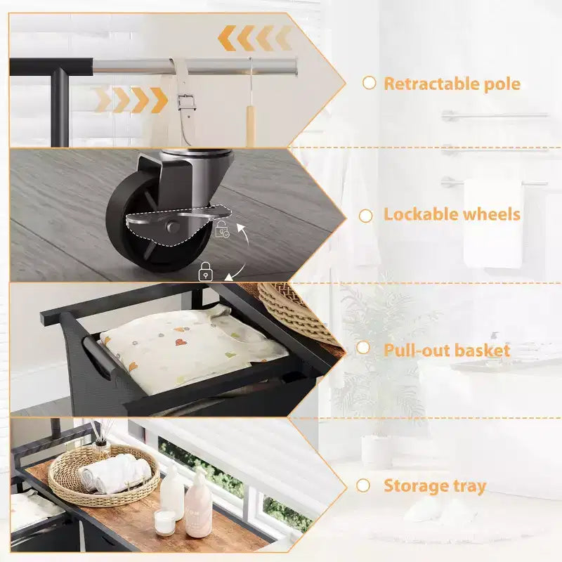 Chariot de tri de linge avec tringle de suspension et étagère de rangement, panier à linge roulant avec roues verrouillables, organisateur de panier à linge pour buanderie