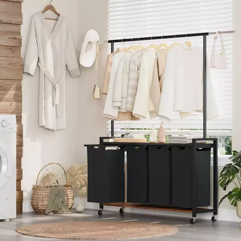 Chariot de tri de linge avec tringle de suspension et étagère de rangement, panier à linge roulant avec roues verrouillables, organisateur de panier à linge pour buanderie